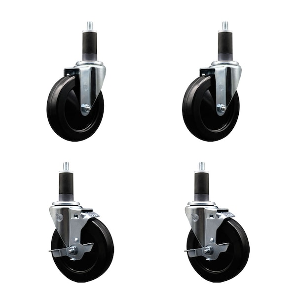 5'' Soft Rubber Wheel Swivel 1-1/4'' Expanding Stem Caster Set 2 Brakes, 4PK